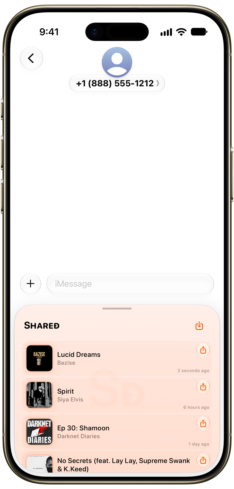 Shared on iPhone Air showing Shared in Messages in the Orange tint, light appearance.