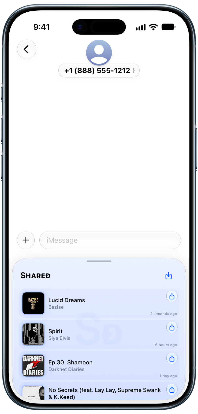 Shared on iPhone Air showing Shared in Messages in the Blue tint, light appearance.