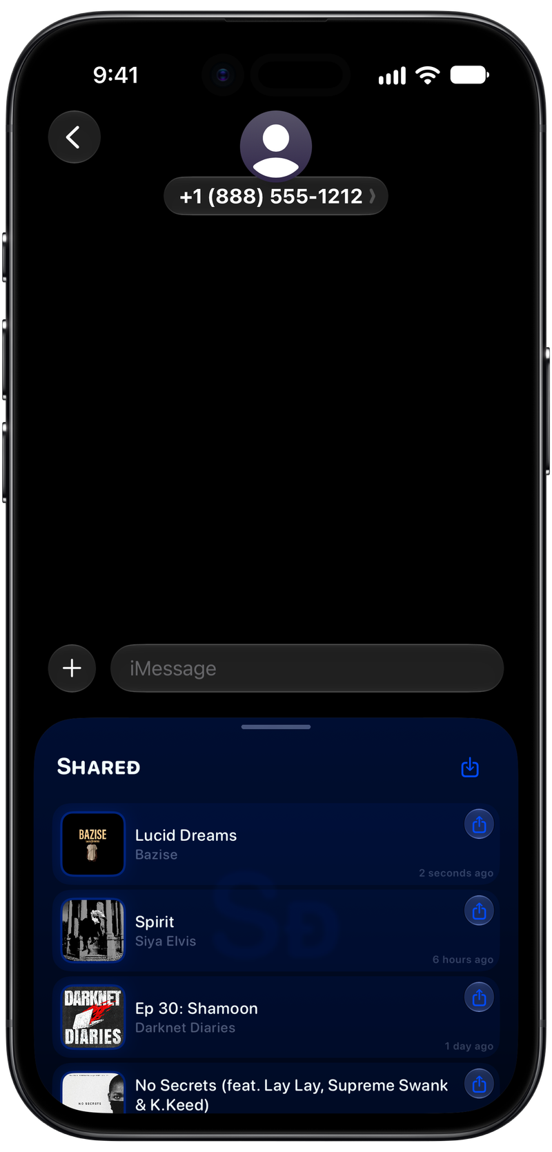 Shared on iPhone Air showing Shared in Messages in the Blue tint, dark appearance.