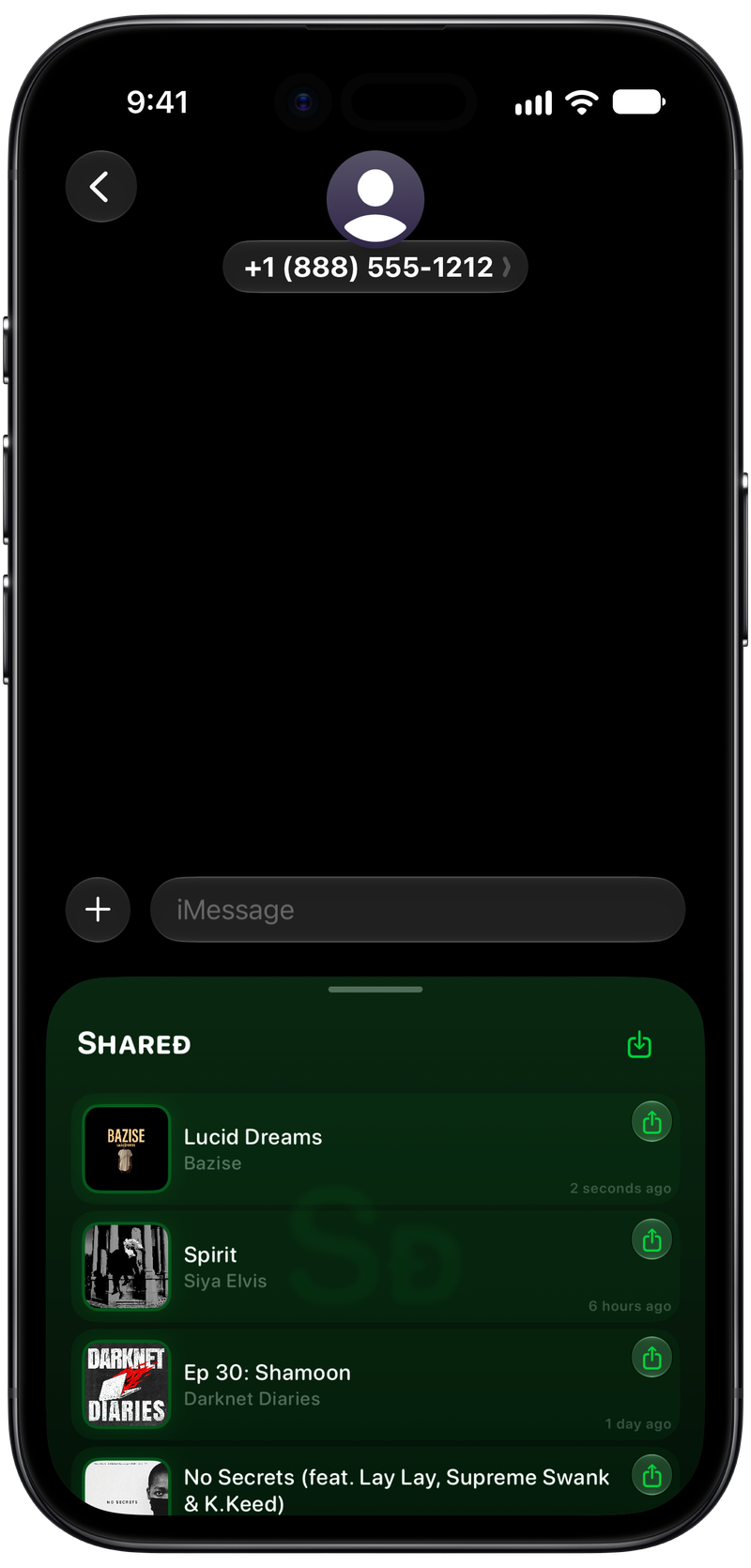 Shared on iPhone Air showing Shared in Messages in the Green tint, dark appearance.