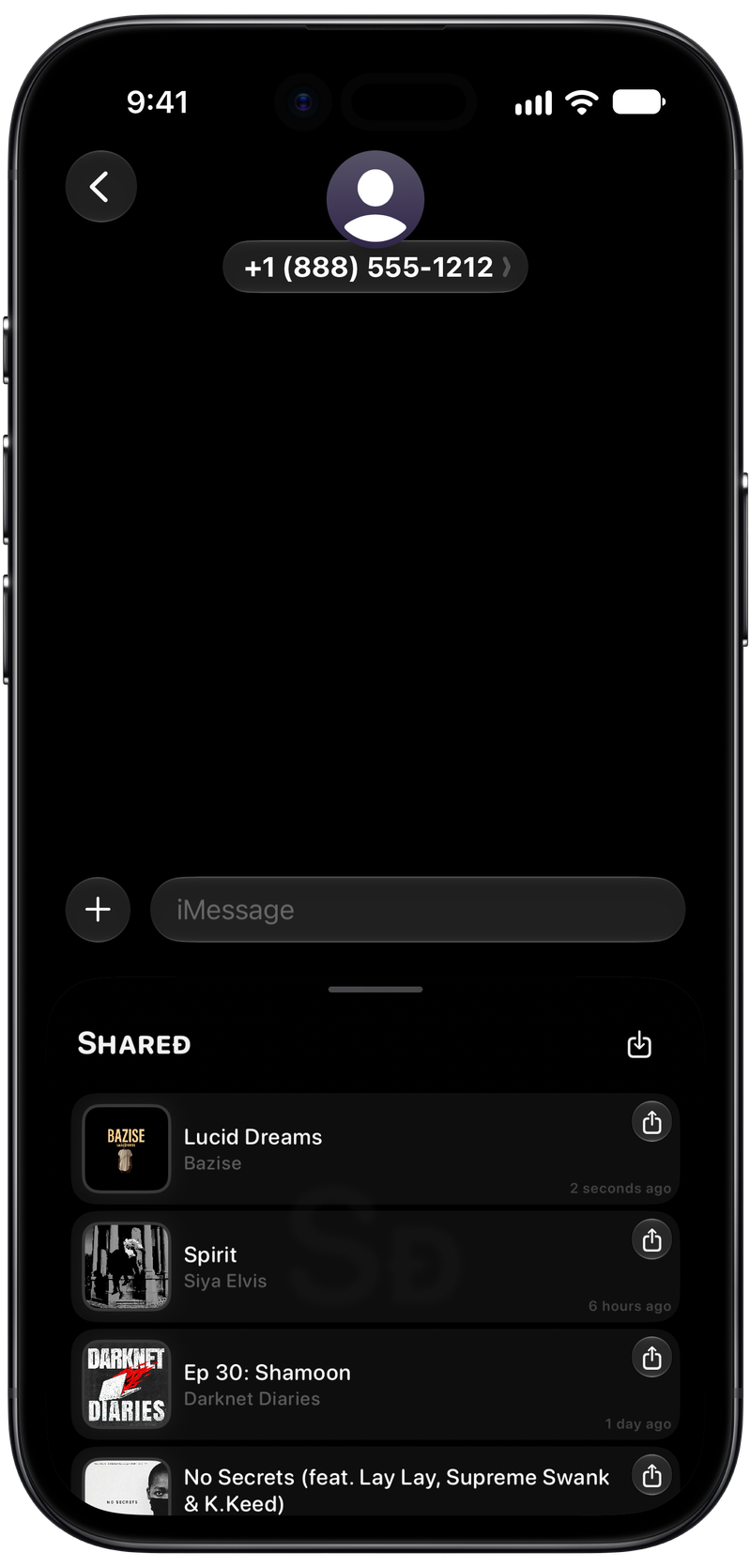 Shared on iPhone Air showing Shared in Messages in the Grey tint, dark appearance.
