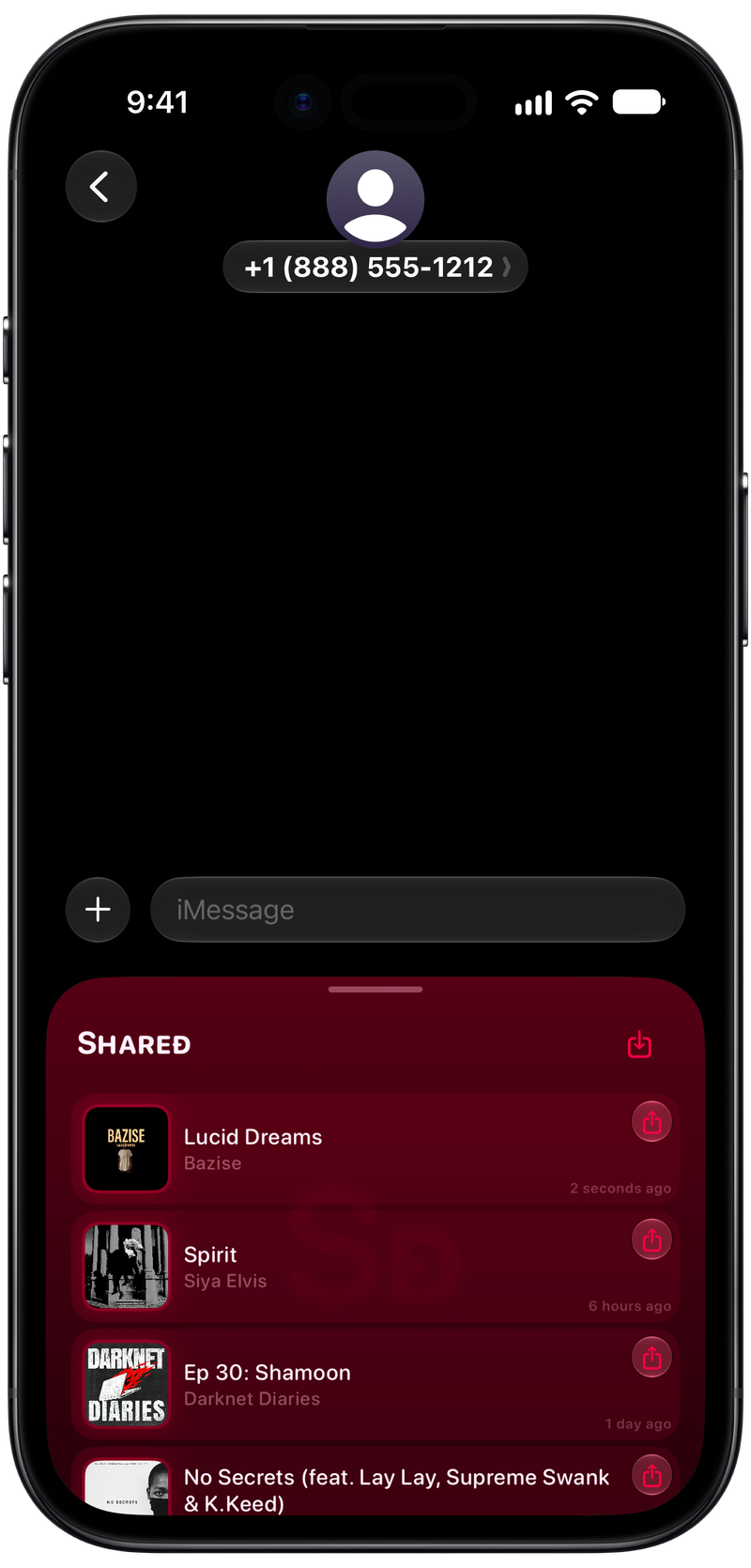 Shared on iPhone Air showing Shared in Messages in the Pink tint, dark appearance.