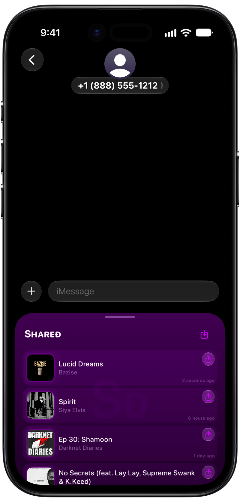 Shared on iPhone Air showing Shared in Messages in the Purple tint, dark appearance.