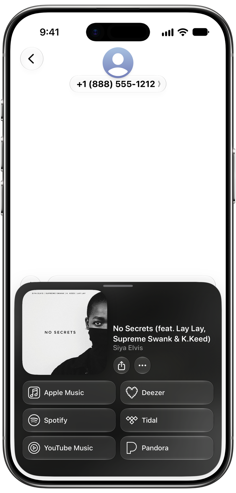 Shared on iPhone Air showing Open in Shared from Messages for No Secrets (feat. Lay Lay, Supreme Swank & K.Keed), light appearance.