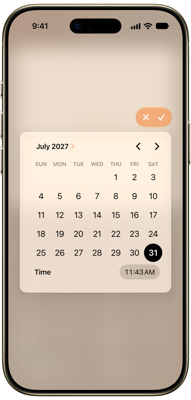 Shared on iPhone Air showing Reminder Picker in the Orange tint, light appearance.