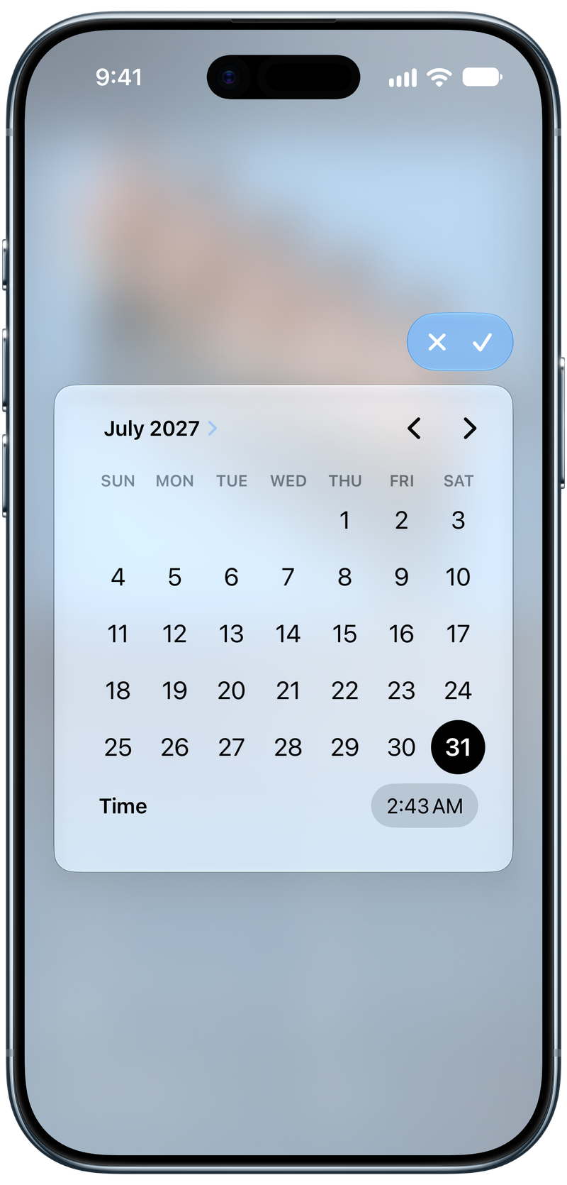 Shared on iPhone Air showing Reminder Picker in the Blue tint, light appearance.