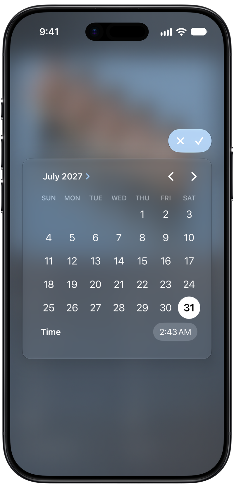 Shared on iPhone Air showing Reminder Picker in the Blue tint, dark appearance.