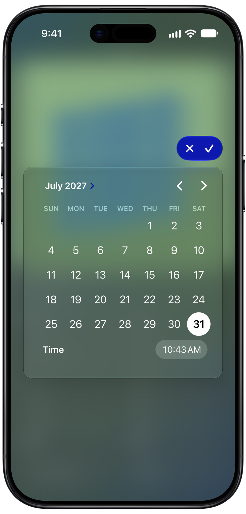Shared on iPhone Air showing Reminder Picker in the Green tint, dark appearance.