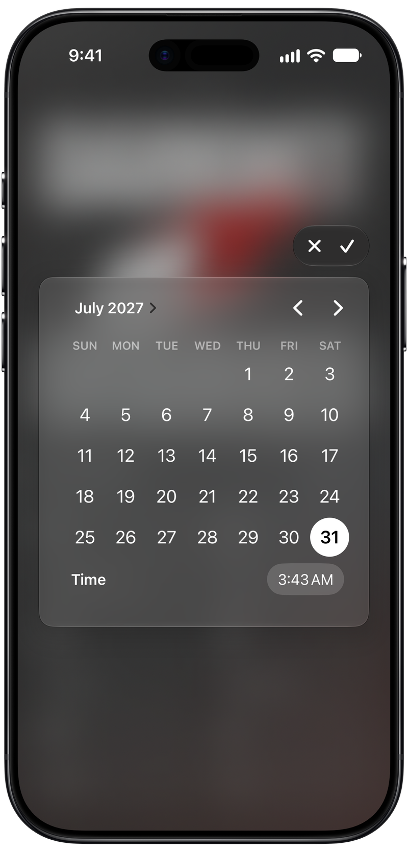 Shared on iPhone Air showing Reminder Picker in the Grey tint, dark appearance.