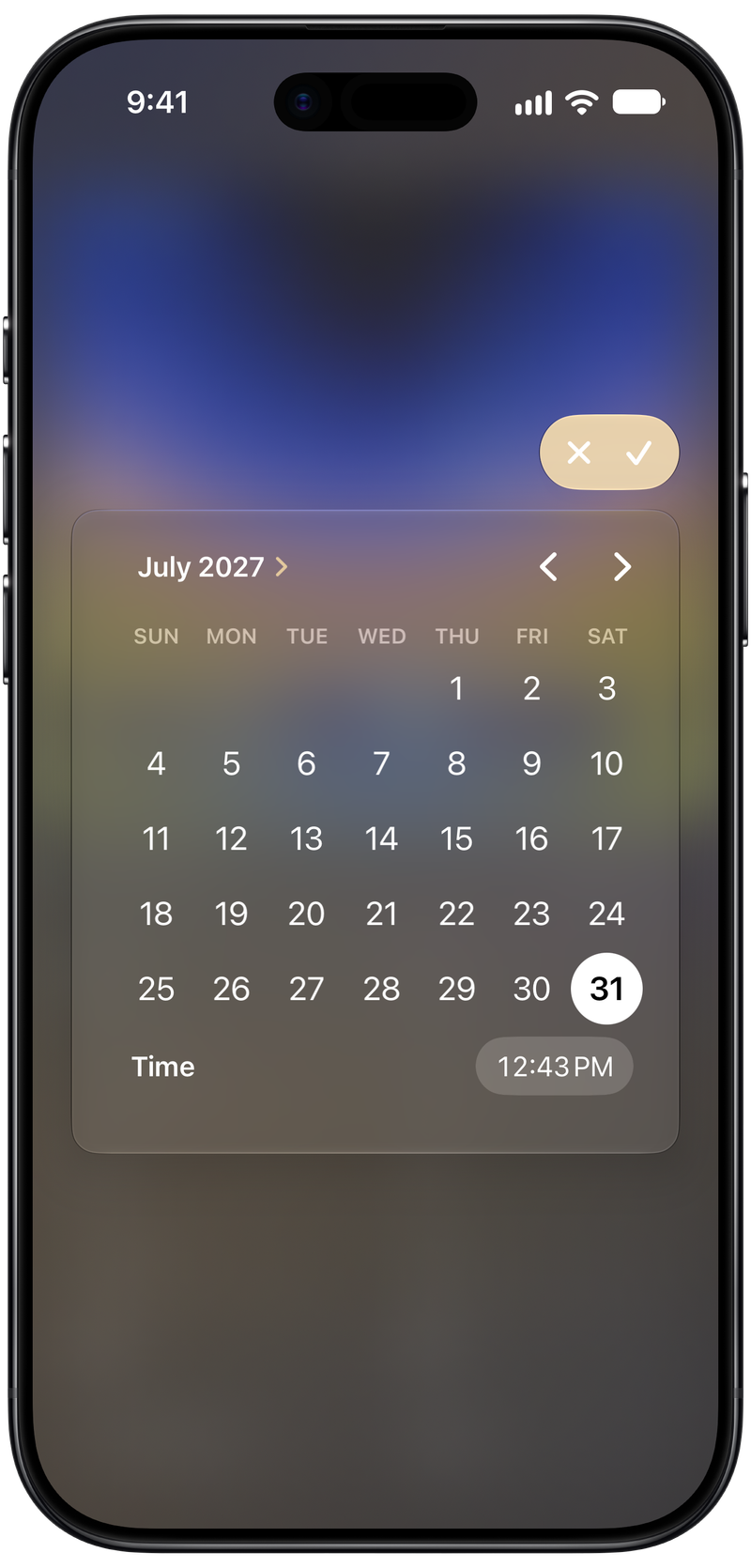 Shared on iPhone Air showing Reminder Picker in the Purple tint, dark appearance.