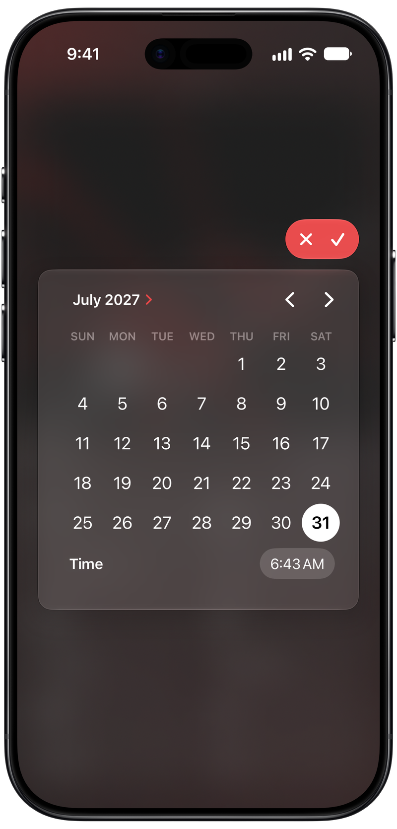 Shared on iPhone Air showing Reminder Picker in the Red tint, dark appearance.