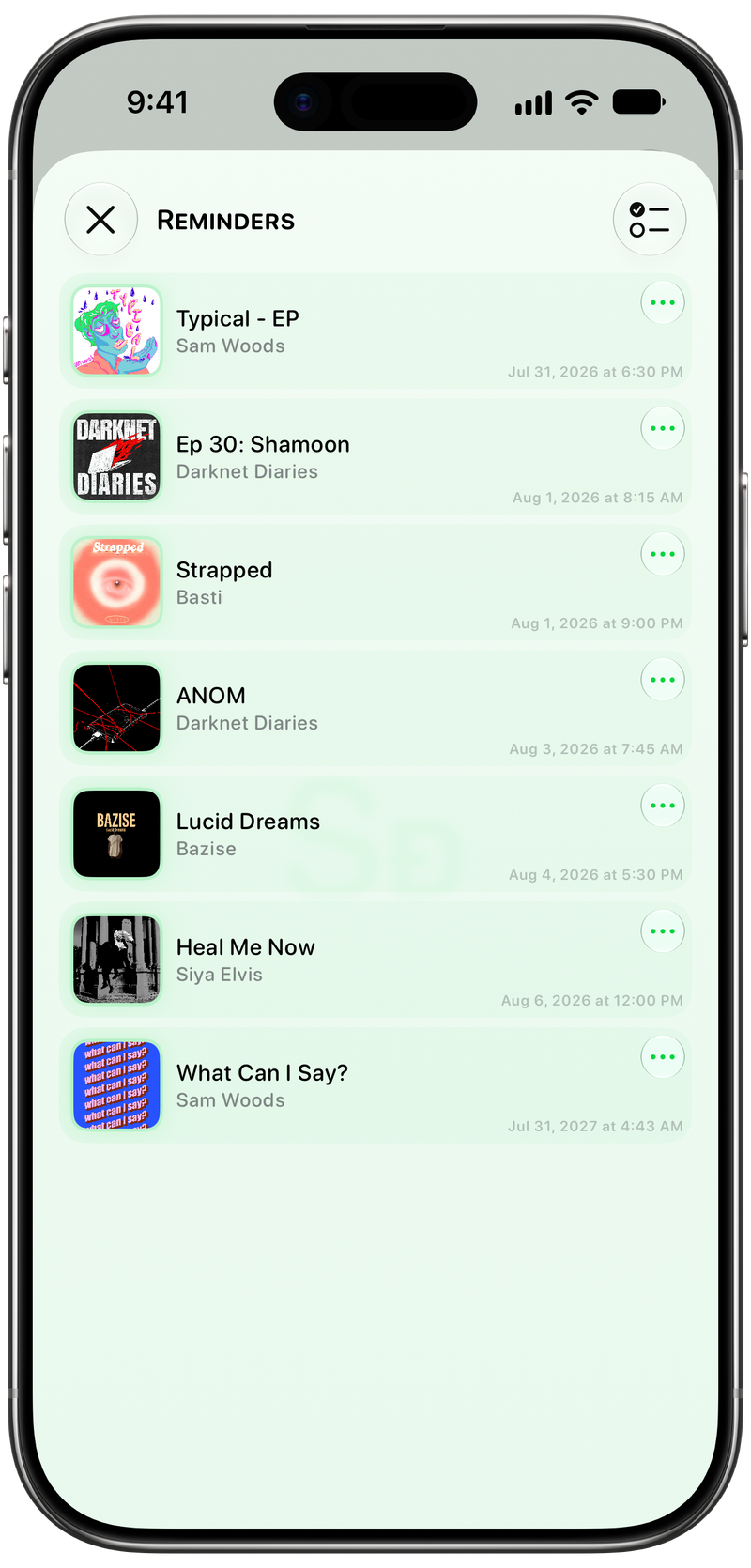 Shared on iPhone Air showing Reminders in the Green tint, light appearance.