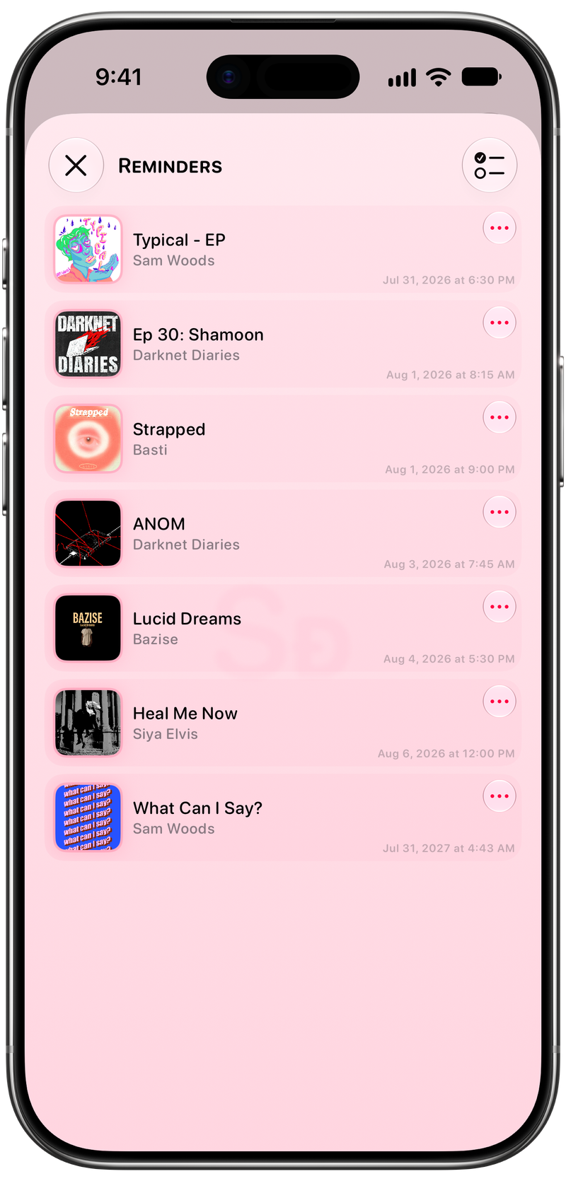 Shared on iPhone Air showing Reminders in the Pink tint, light appearance.