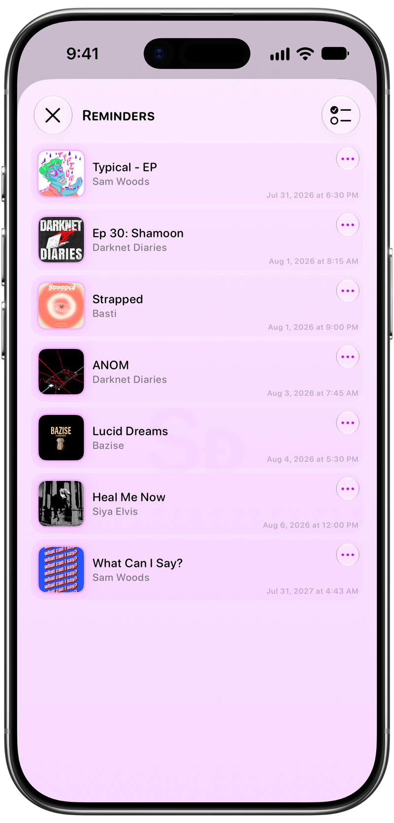 Shared on iPhone Air showing Reminders in the Purple tint, light appearance.