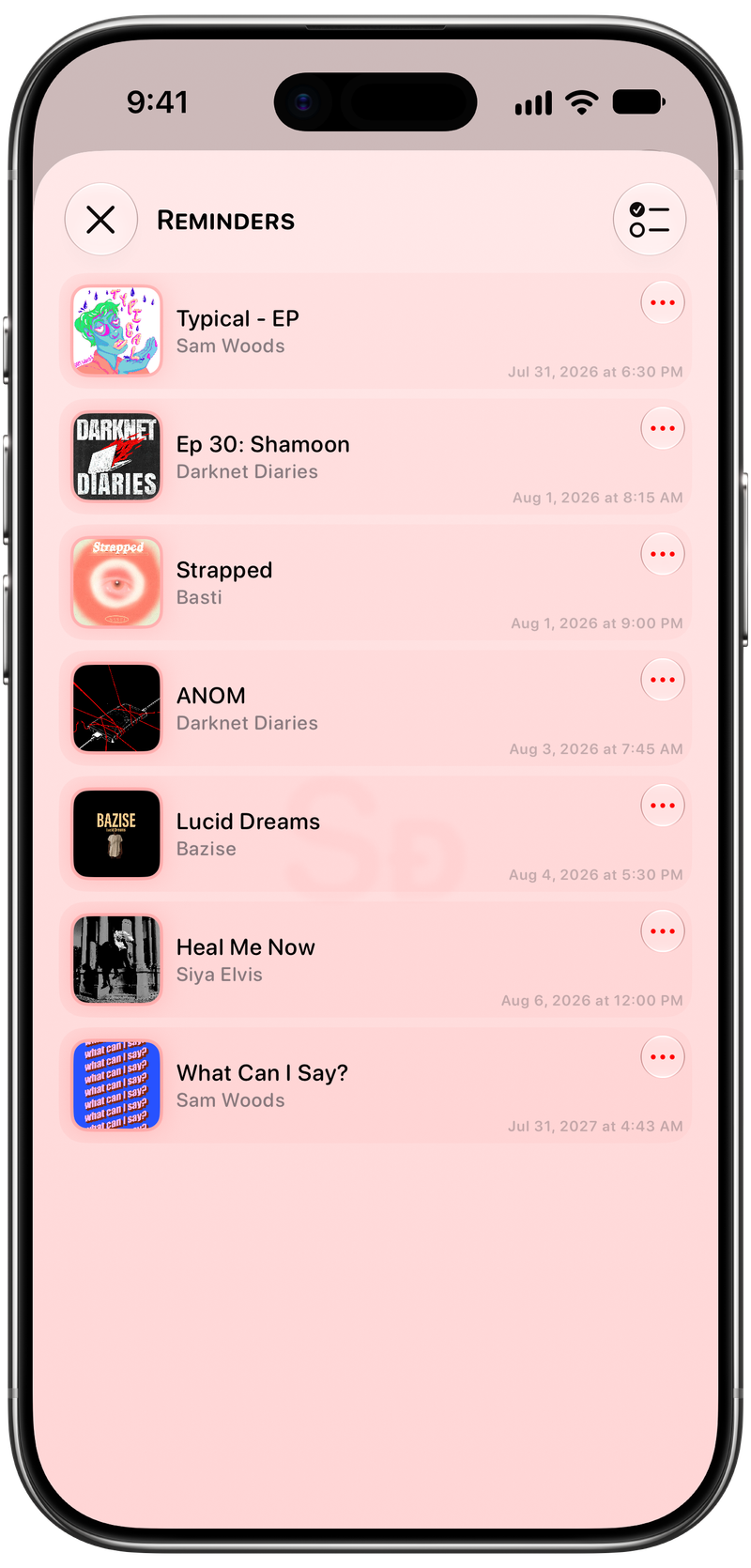 Shared on iPhone Air showing Reminders in the Red tint, light appearance.