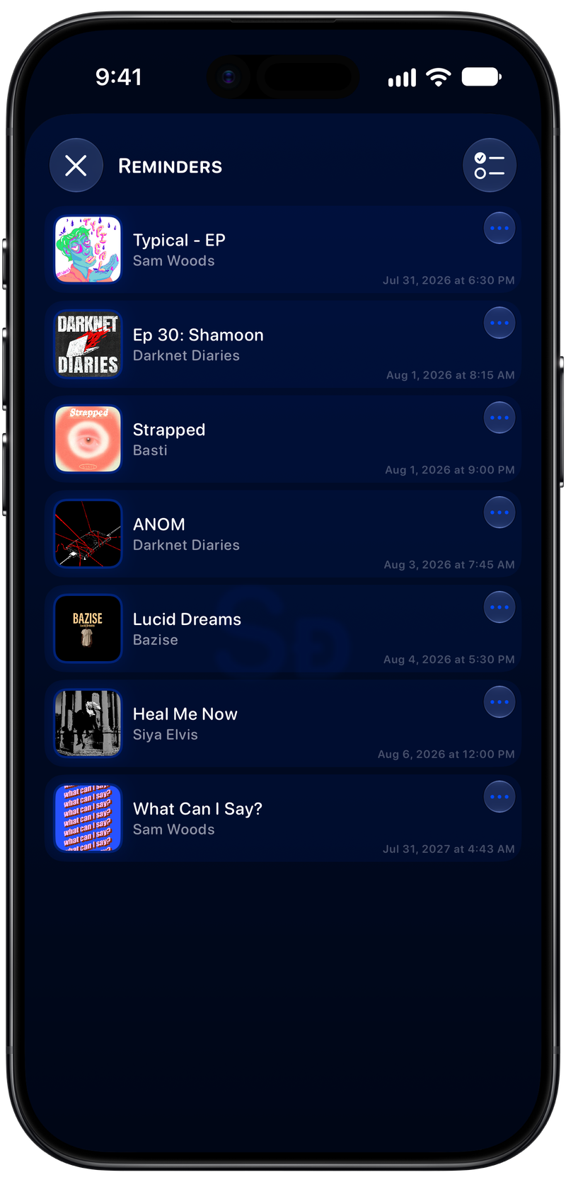 Shared on iPhone Air showing Reminders in the Blue tint, dark appearance.