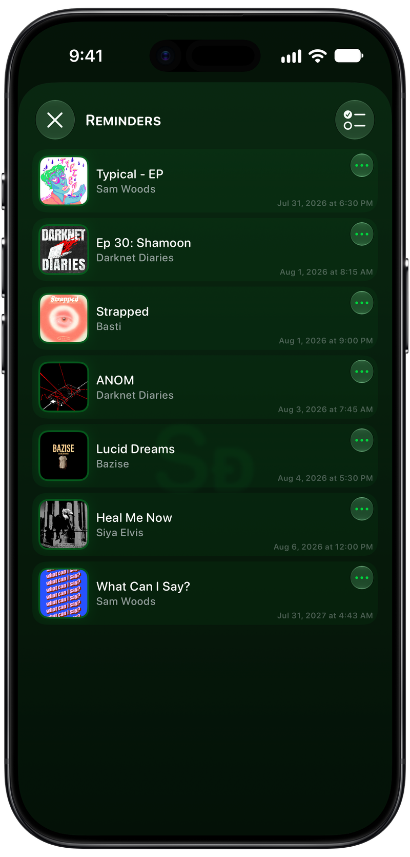 Shared on iPhone Air showing Reminders in the Green tint, dark appearance.