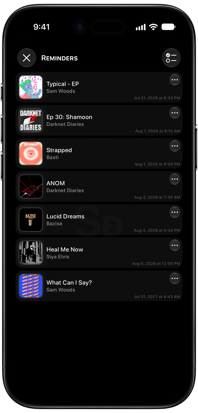 Shared on iPhone Air showing Reminders in the Grey tint, dark appearance.