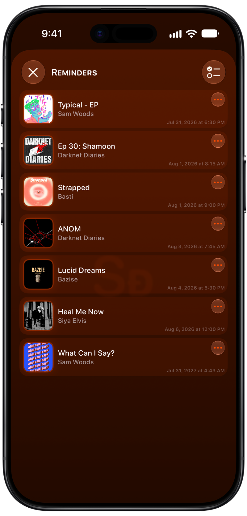 Shared on iPhone Air showing Reminders in the Orange tint, dark appearance.