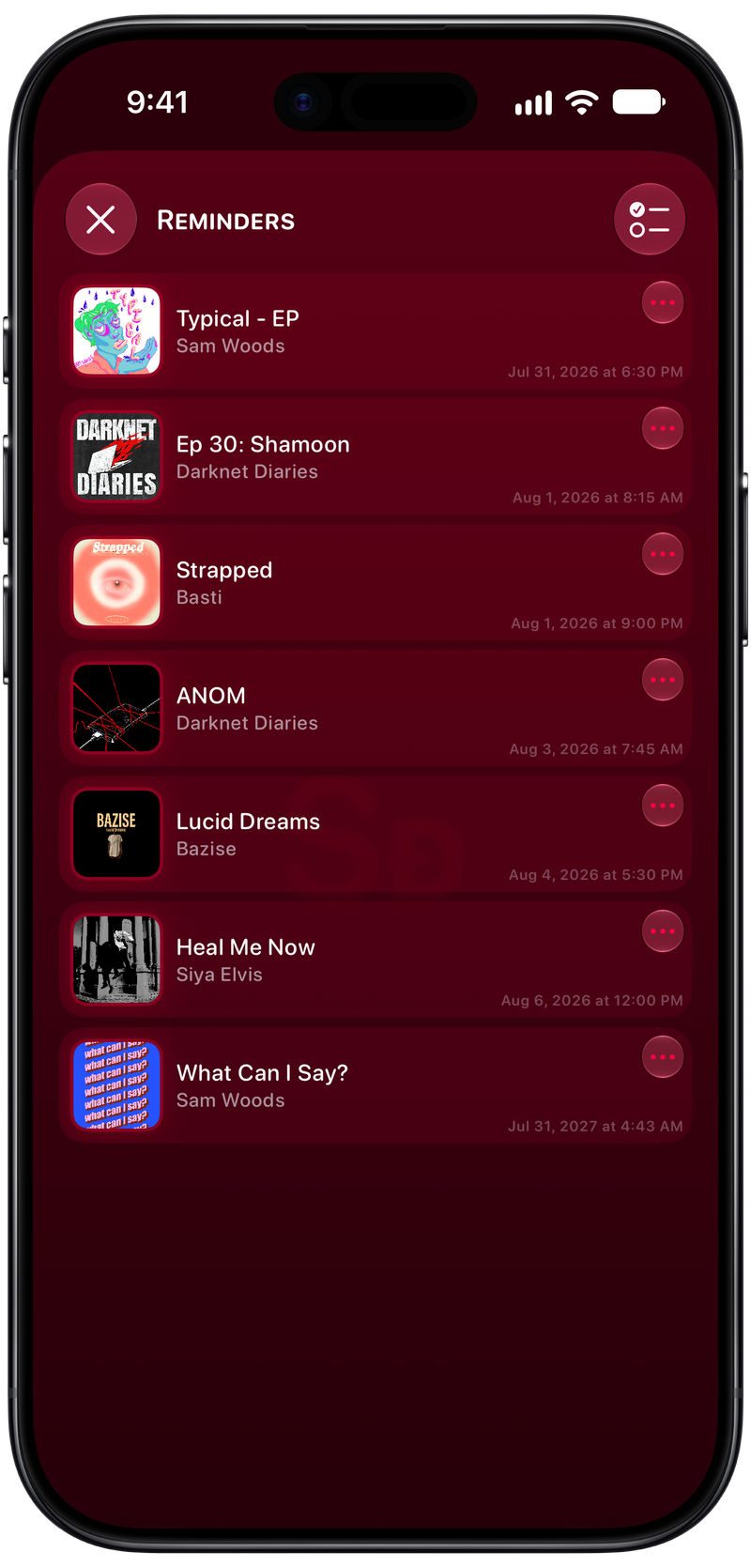 Shared on iPhone Air showing Reminders in the Pink tint, dark appearance.