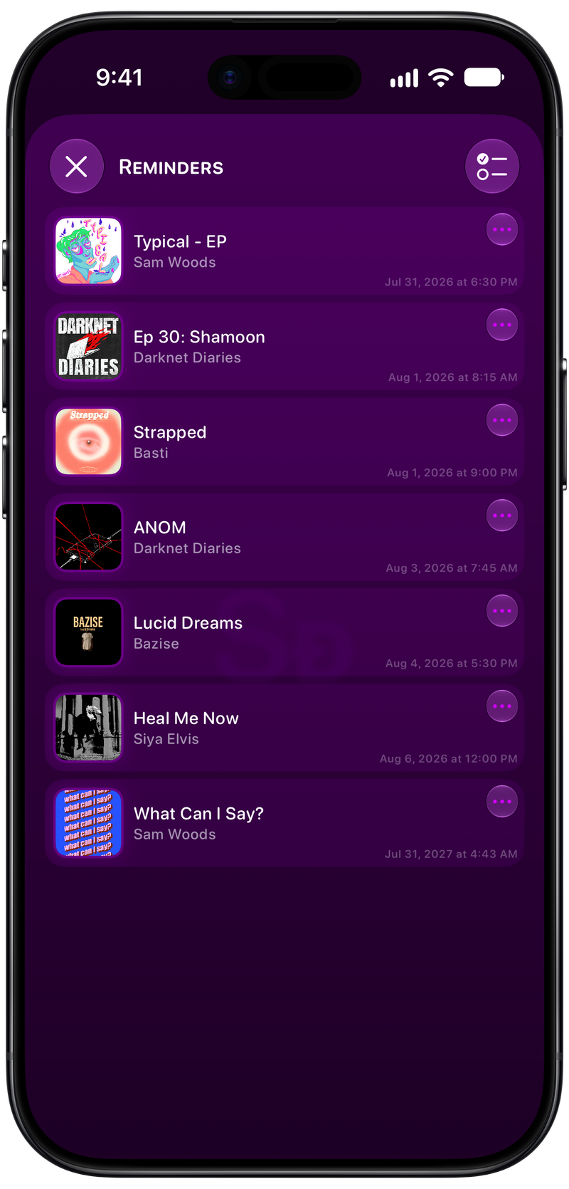 Shared on iPhone Air showing Reminders in the Purple tint, dark appearance.