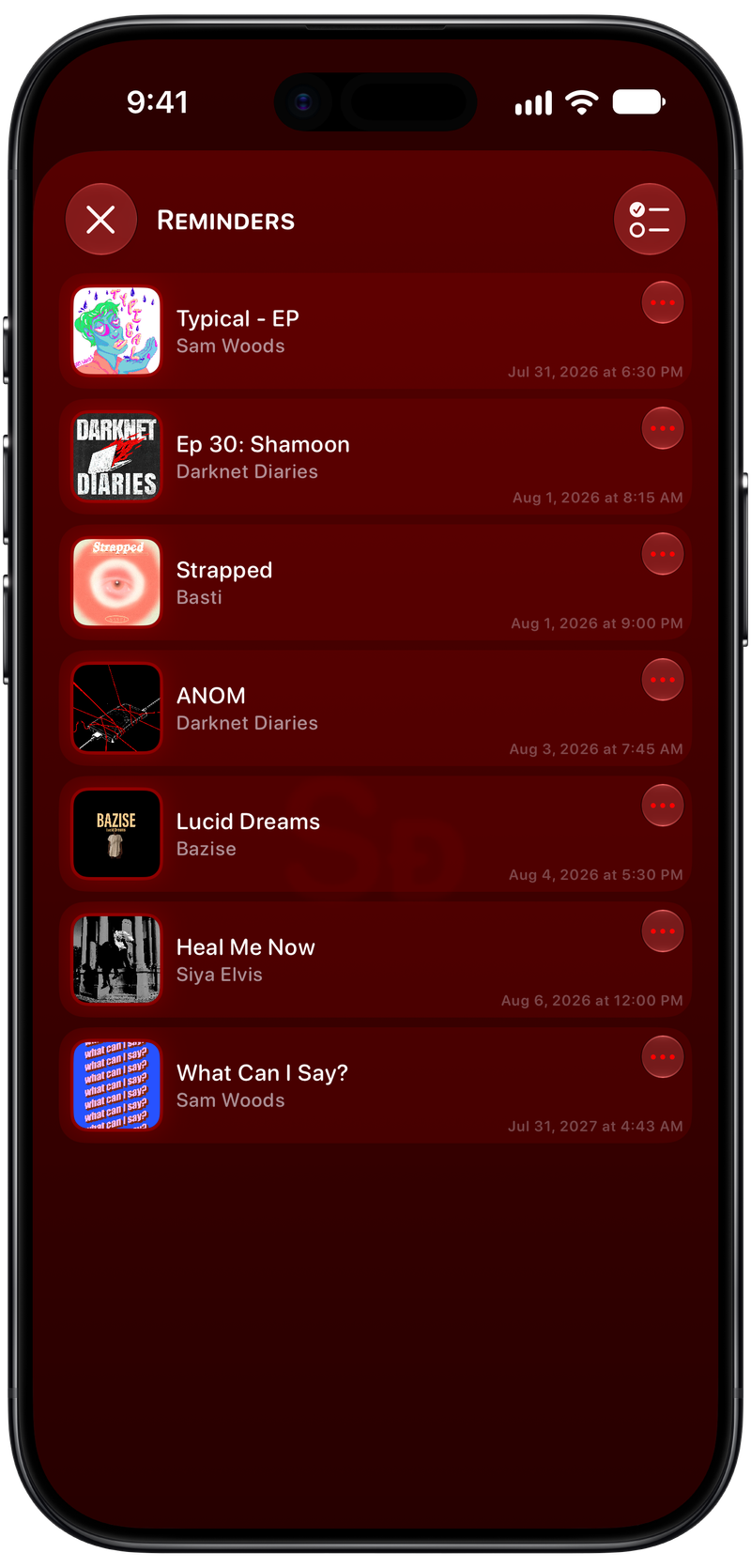 Shared on iPhone Air showing Reminders in the Red tint, dark appearance.