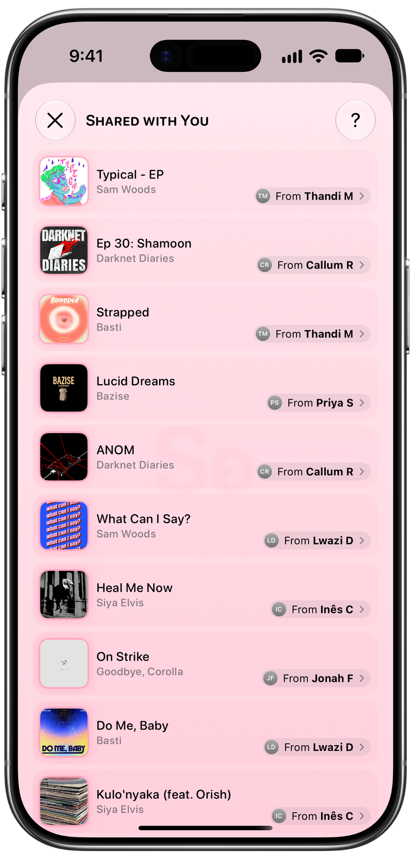 Shared on iPhone Air showing Shared with You in the Pink tint, light appearance.