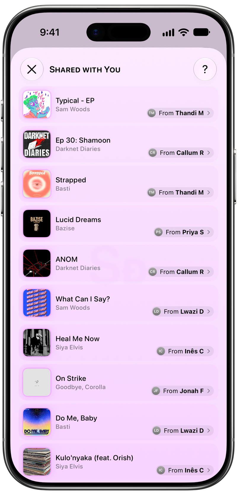 Shared on iPhone Air showing Shared with You in the Purple tint, light appearance.