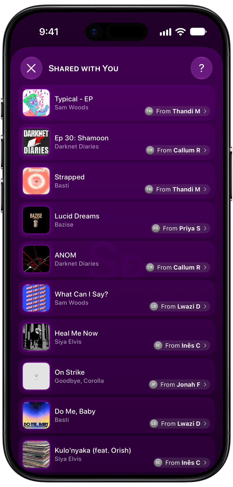 Shared on iPhone Air showing Shared with You in the Purple tint, dark appearance.