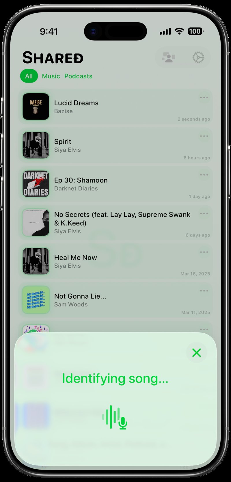Shared iPhone Air Cloud White Song ID Identifying Green Light press image.