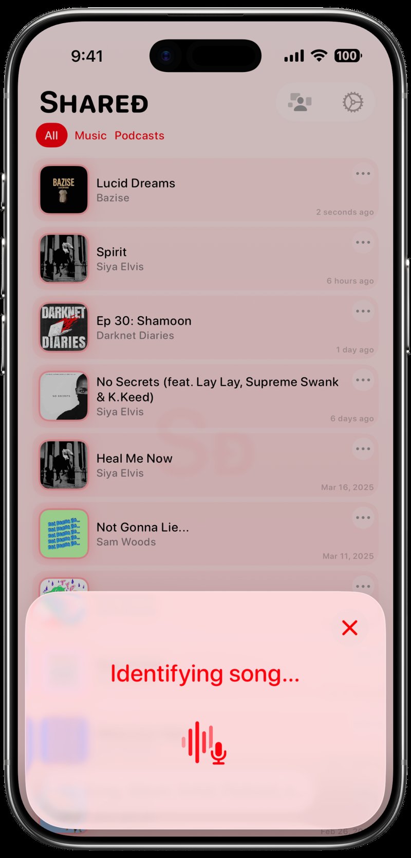 Shared iPhone Air Cloud White Song ID Identifying Red Light press image.
