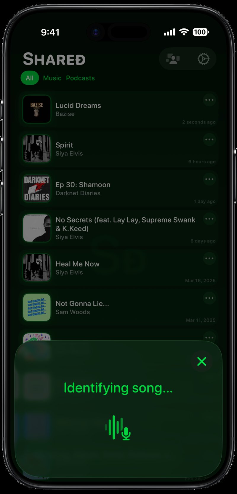 Shared iPhone Air Space Black Song ID Identifying Green Dark press image.