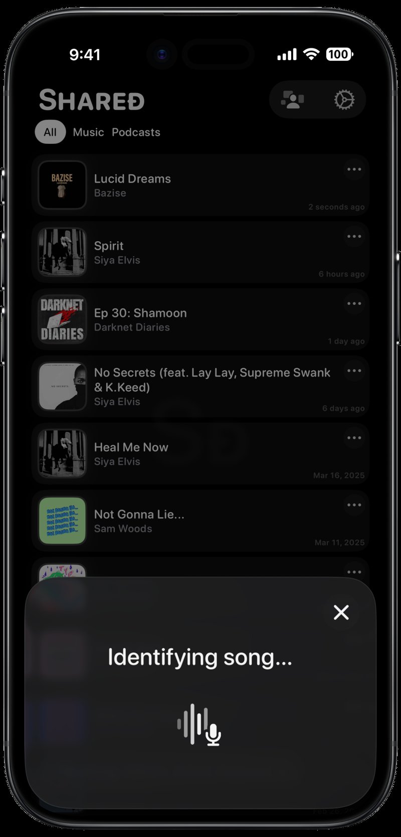 Shared iPhone Air Space Black Song ID Identifying Grey Dark press image.