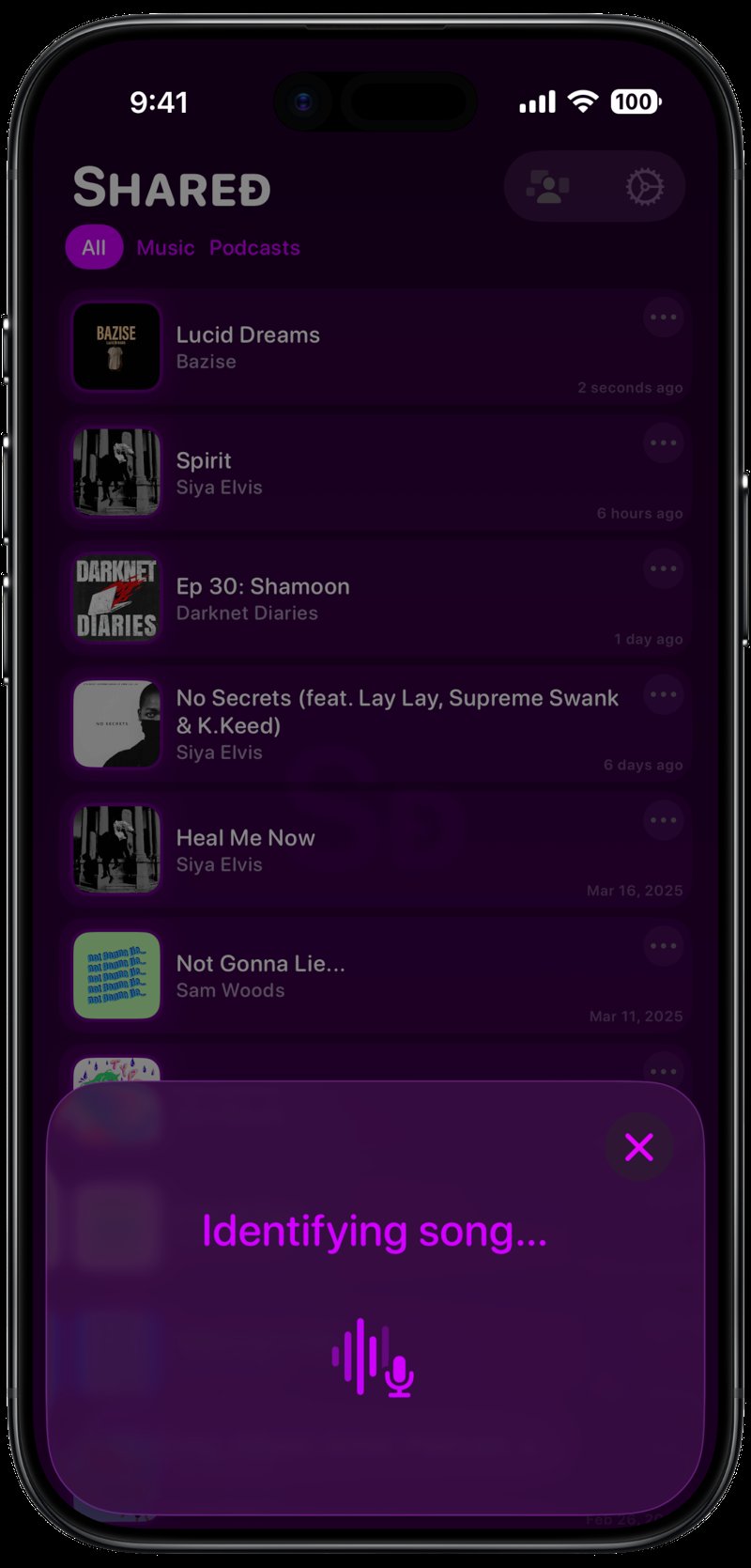 Shared iPhone Air Space Black Song ID Identifying Purple Dark press image.