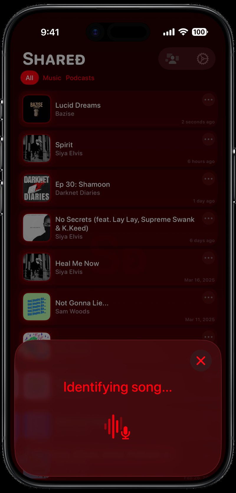 Shared iPhone Air Space Black Song ID Identifying Red Dark press image.