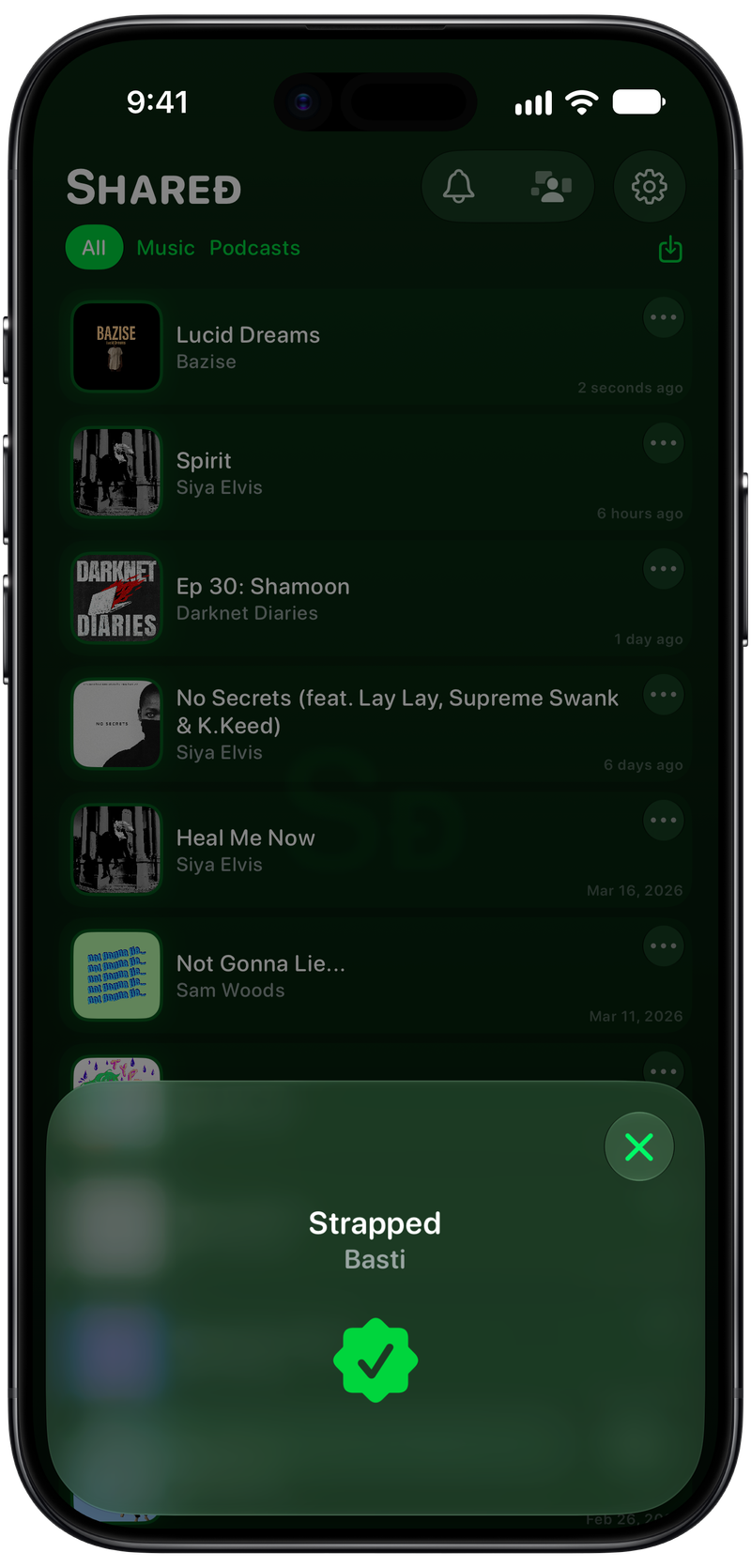 Shared on iPhone Air showing Successful Match in the Green tint, dark appearance.