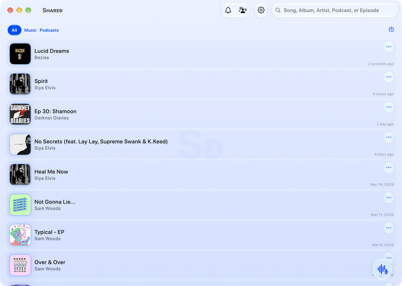 The Shared window on Mac showing History in the Blue tint, light appearance.