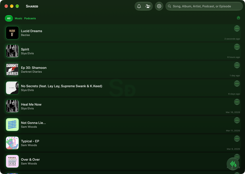 The Shared window on Mac showing History in the Green tint, dark appearance.