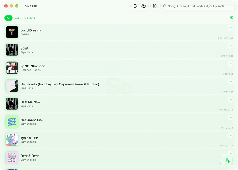 The Shared window on Mac showing History in the Green tint, light appearance.