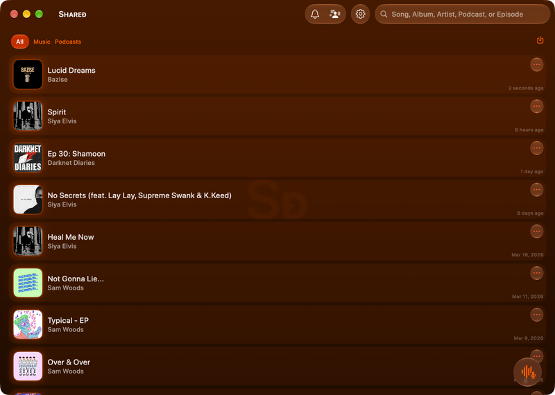 The Shared window on Mac showing History in the Orange tint, dark appearance.