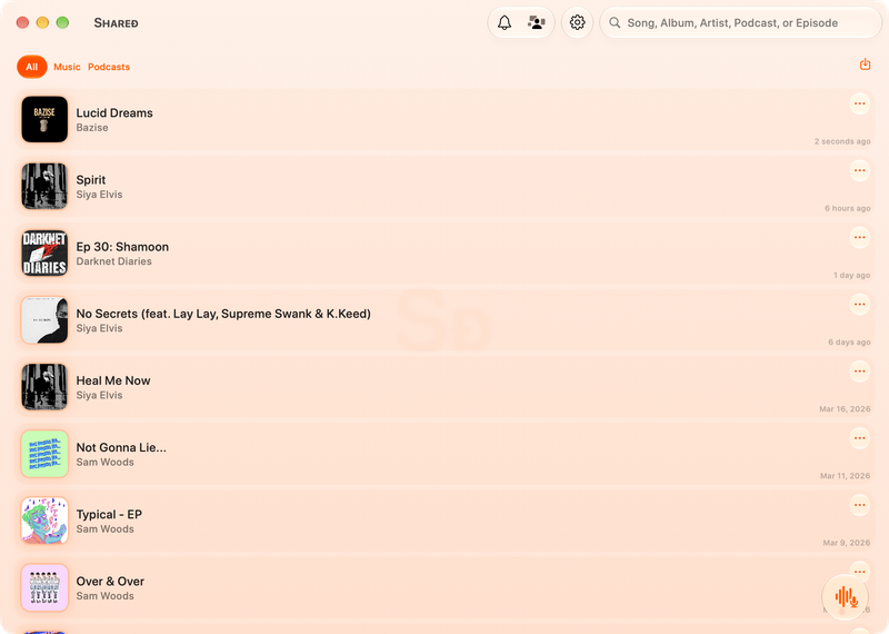 The Shared window on Mac showing History in the Orange tint, light appearance.