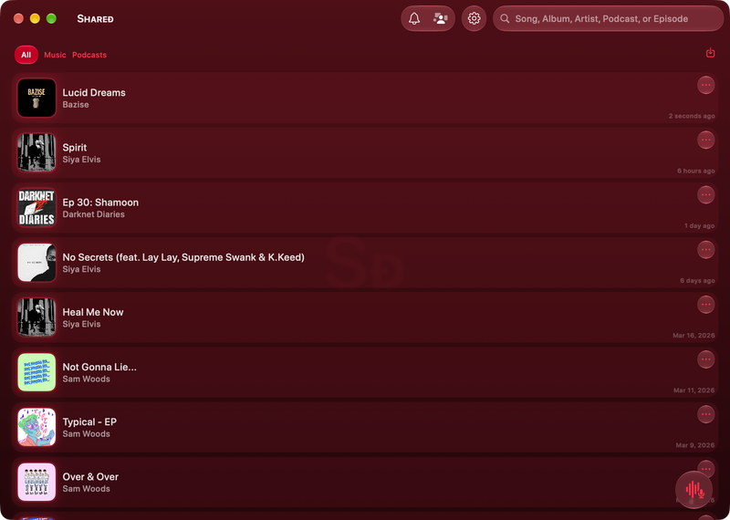 The Shared window on Mac showing History in the Pink tint, dark appearance.