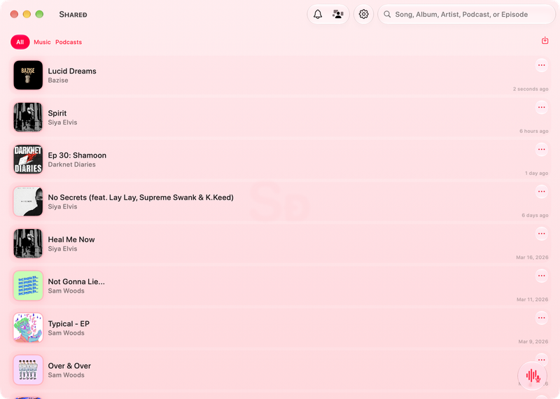 The Shared window on Mac showing History in the Pink tint, light appearance.
