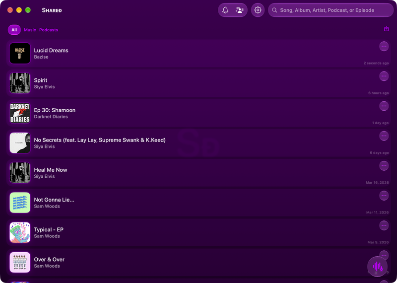 The Shared window on Mac showing History in the Purple tint, dark appearance.