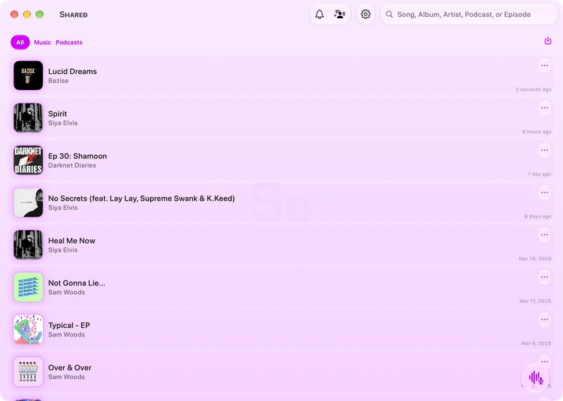 The Shared window on Mac showing History in the Purple tint, light appearance.