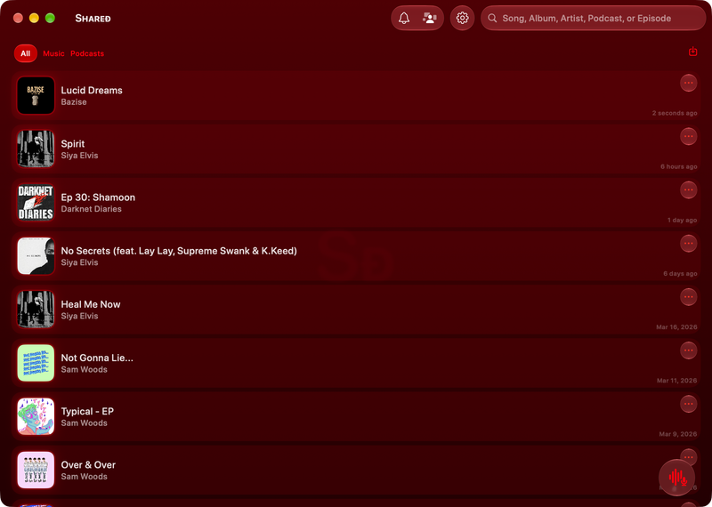 The Shared window on Mac showing History in the Red tint, dark appearance.