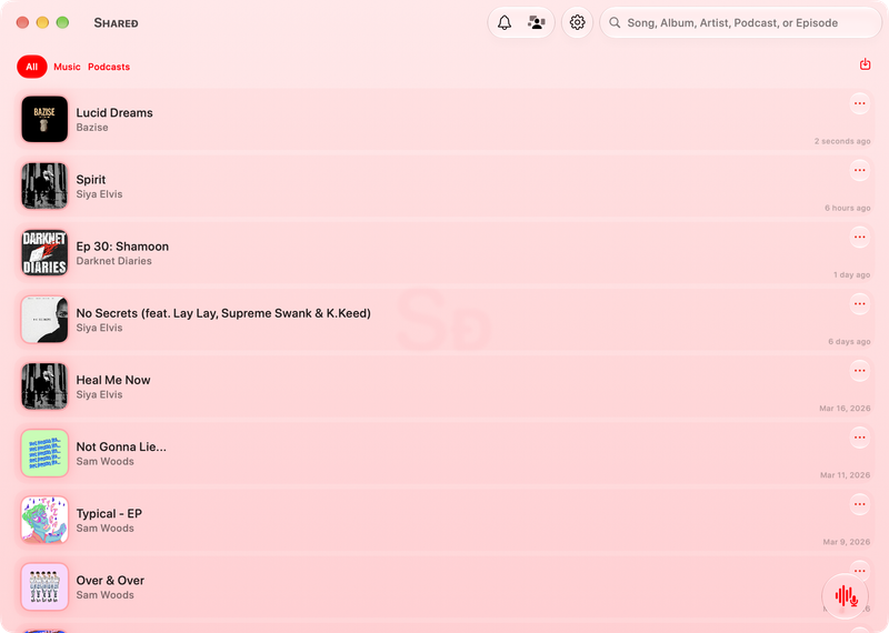 The Shared window on Mac showing History in the Red tint, light appearance.