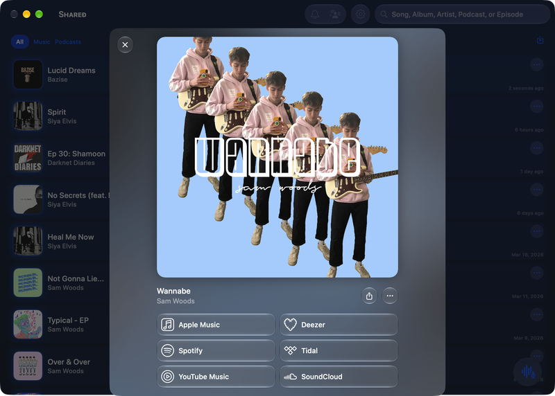The Shared window on Mac showing Media View for Wannabe, dark appearance.
