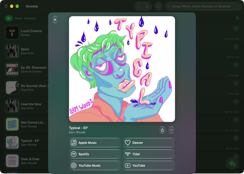The Shared window on Mac showing Media View for Typical - EP, dark appearance.