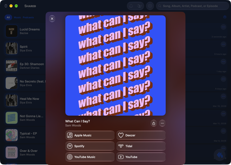The Shared window on Mac showing Media View for What Can I Say?, dark appearance.
